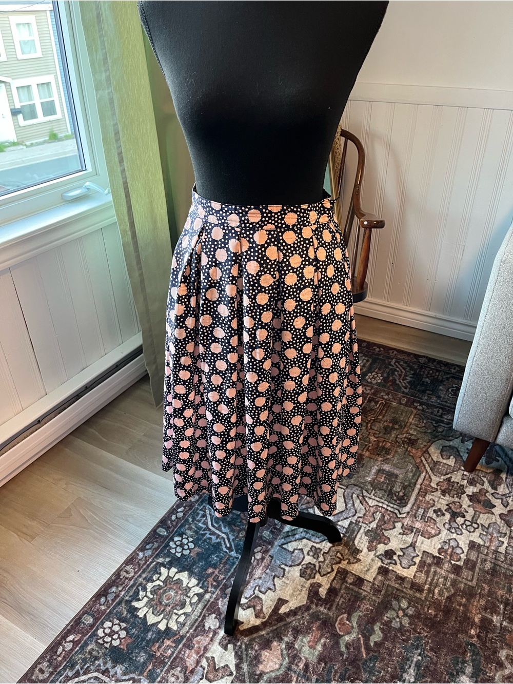 Women's Vintage Black and Pink Polka Dot A-Line Skirt 26” waist small fit
